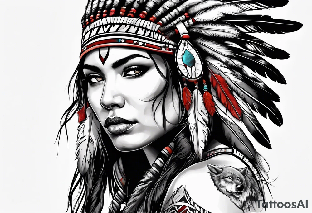 dark organic line artwork, photo realistic woman, native american, wolf, blood tattoo idea