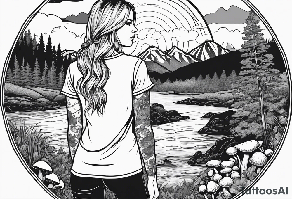 Whole picture encircled fully

Straight long blonde hair hippie girl in distance holding mushrooms in hand facing away toward mountains and creek surrounded by mushrooms long sleeve shirt and hiking pants; whole rendering within a full circle, no cut off circle tattoo idea