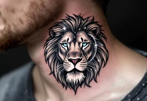 A blue-eyed lion in grayscale has the vivid Leo star constellation etched into its mane using white ink. tattoo idea