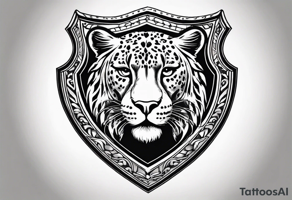 A shield with small leopar head as shield's emblem. The shield would be hang on a ivy planted wall tattoo idea