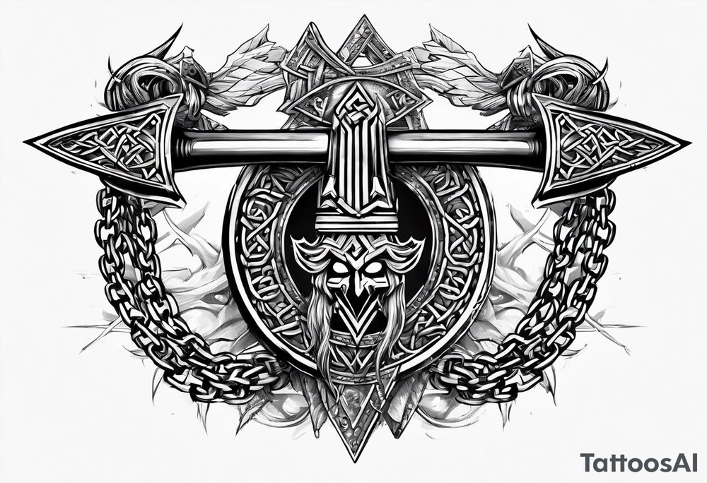 Valhalla sword  axe Valknut barbed wire chains tattoo idea