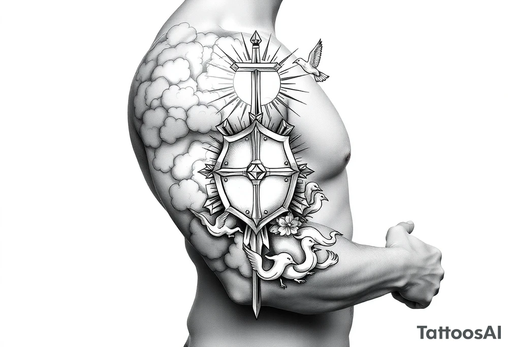 clouds, sword, shield, cross, birds, sun rays tattoo idea clouds, sword, shield, cross, birds, sun rays tattoo idea