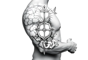 clouds, sword, shield, cross, birds, sun rays tattoo idea