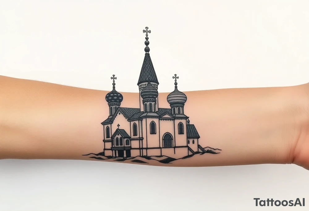 highly detailed Russian Orthodox cathedral sitting on fore arm with onion domes and orthodox crosses, done in fine line, engraving-like style. Cohesive composition, black ink only, no color, high contrast, slightly aged, documentary-style, plain light background. with clouds above it and a virgin mary over looking tattoo idea