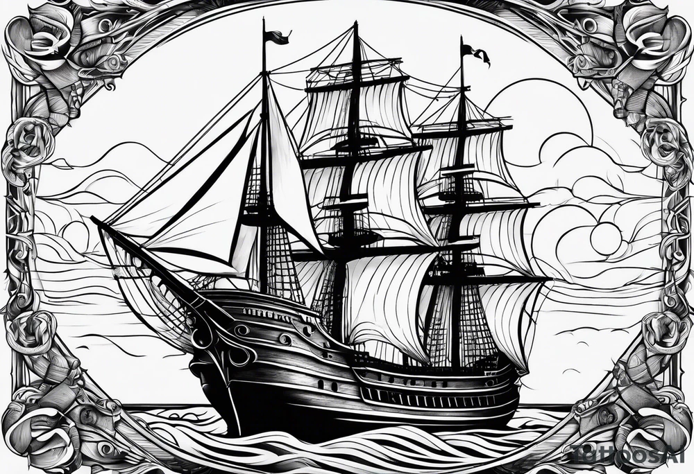 huge wooden ship with sun no clouds tattoo idea