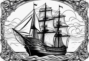 huge wooden ship with sun no clouds tattoo idea