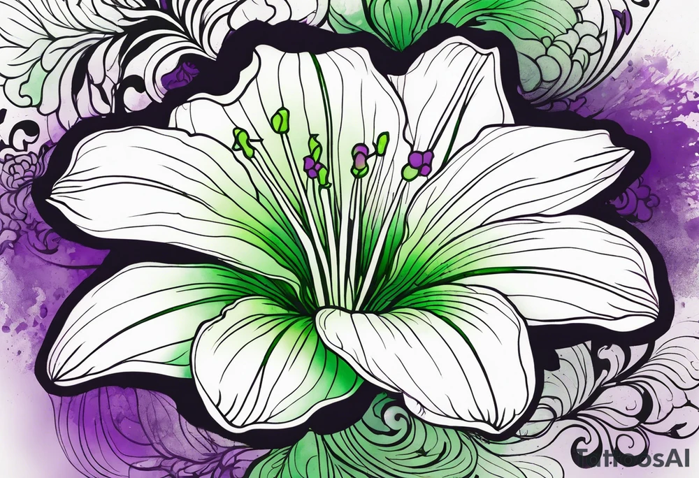 An outline of a rio dipladenia flower with a mystical green/purple watercolor splash in the background tattoo idea