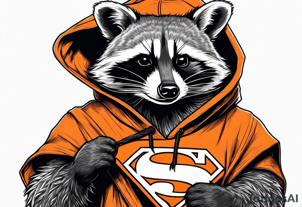 Raccoon wearing an orange Superman hoodie tattoo idea
