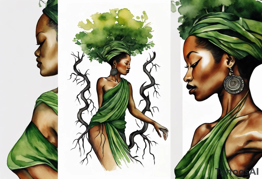 a tree trunk with roots that is a black woman from the waist up, feet made of tree roots, wearing a green tunic, arms stretched upwards towards the noon sun tattoo idea