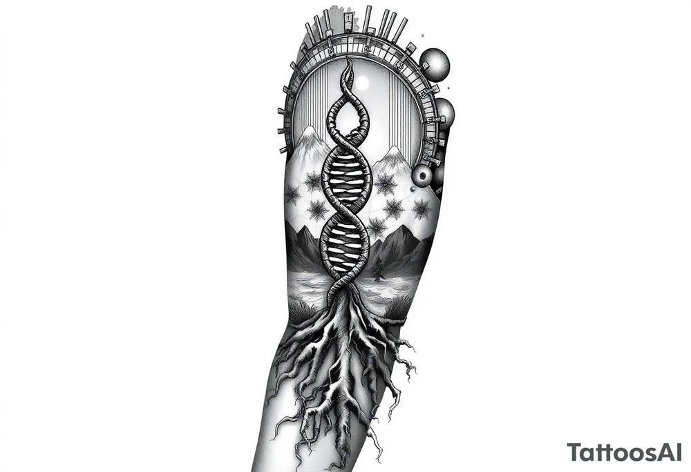 Full sleeve tattoo design for a left arm, vertical composition. A surreal blend of Southern California landscapes including desert dunes, snow-capped mountains, and ocean waves. The landscapes are integrated into a 3D geometric and biomechanical framework with gears, droid-like metallic components, and Matrix-style digital rain. In the center, a double helix DNA strand transitions into tree roots. Style: Alex Grey visionary art meets TOOL aesthetic. High contrast black and grey with subtle glowing amber highlights. Hyper-realistic, 8k, white background tattoo idea