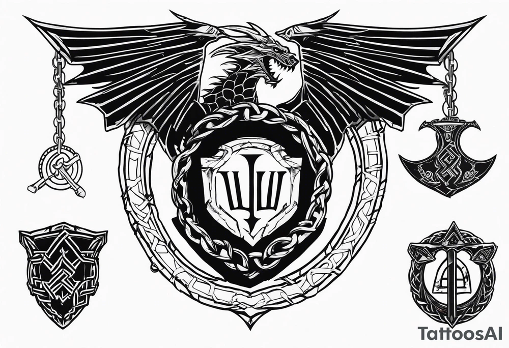 Valhalla sword shield dragon axe Valknut barbed wire chains tattoo idea Valhalla sword shield dragon axe Valknut barbed wire chains tattoo idea