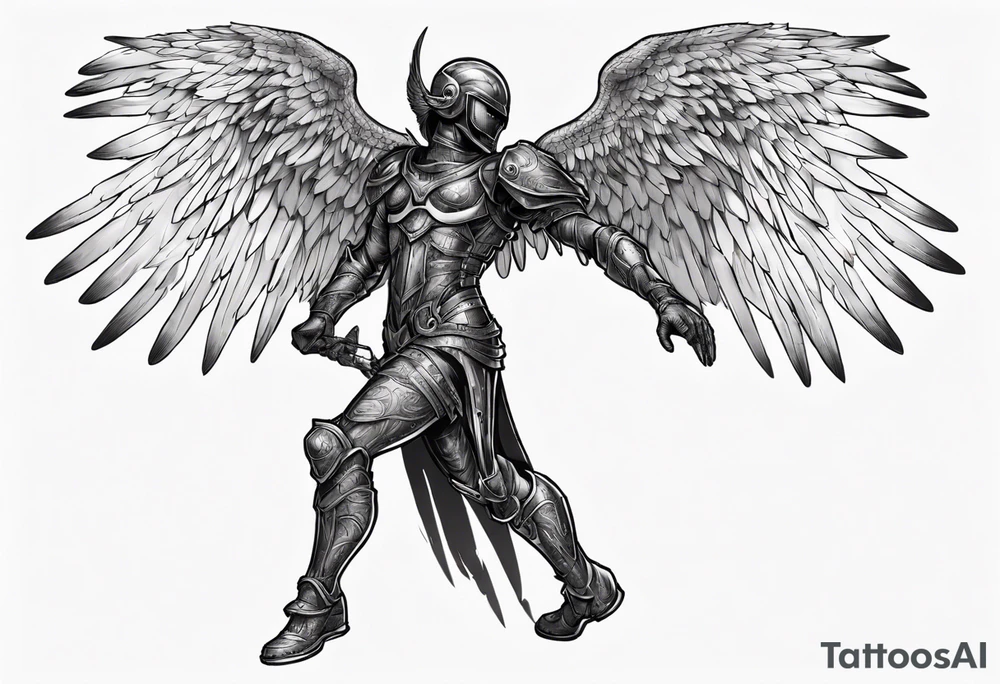 Side view of an black angel wearing inorganic armor that is in mid-air ready to attack tattoo idea