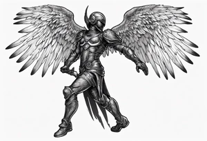 Side view of an black angel wearing inorganic armor that is in mid-air ready to attack tattoo idea