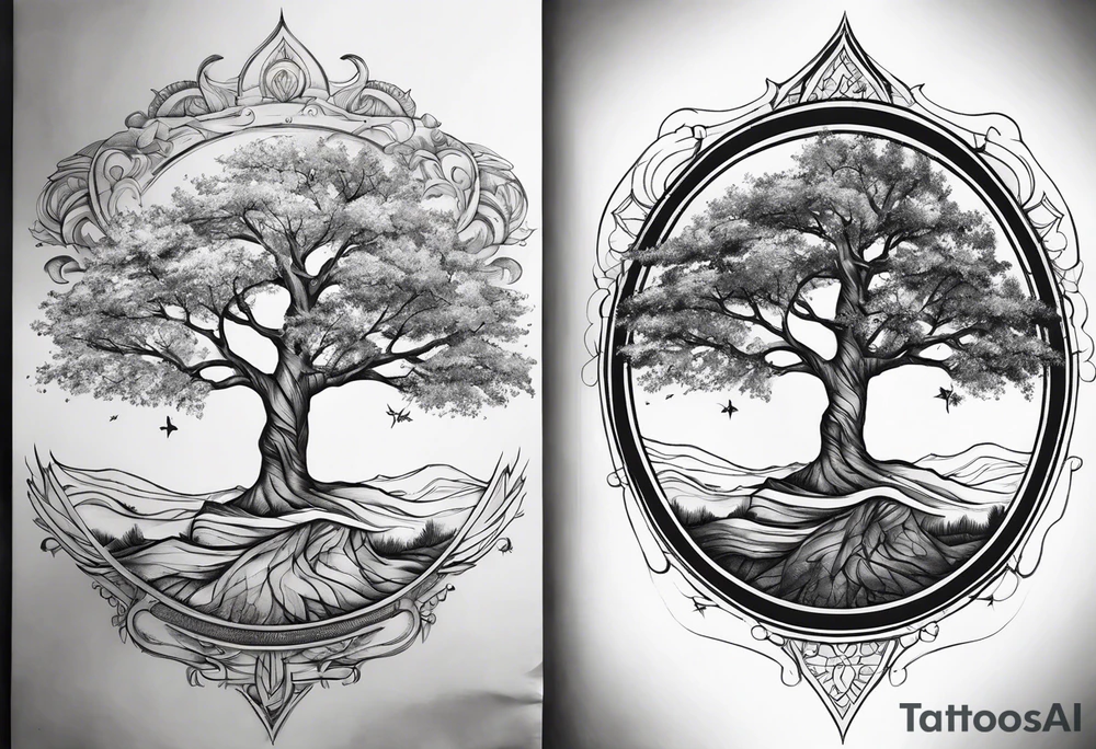 Tree and windrose tattoo idea