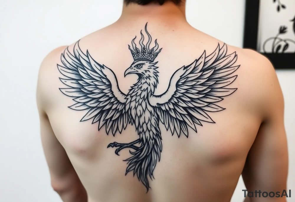 powerful majestic phoenix with crown of fire tattoo idea
