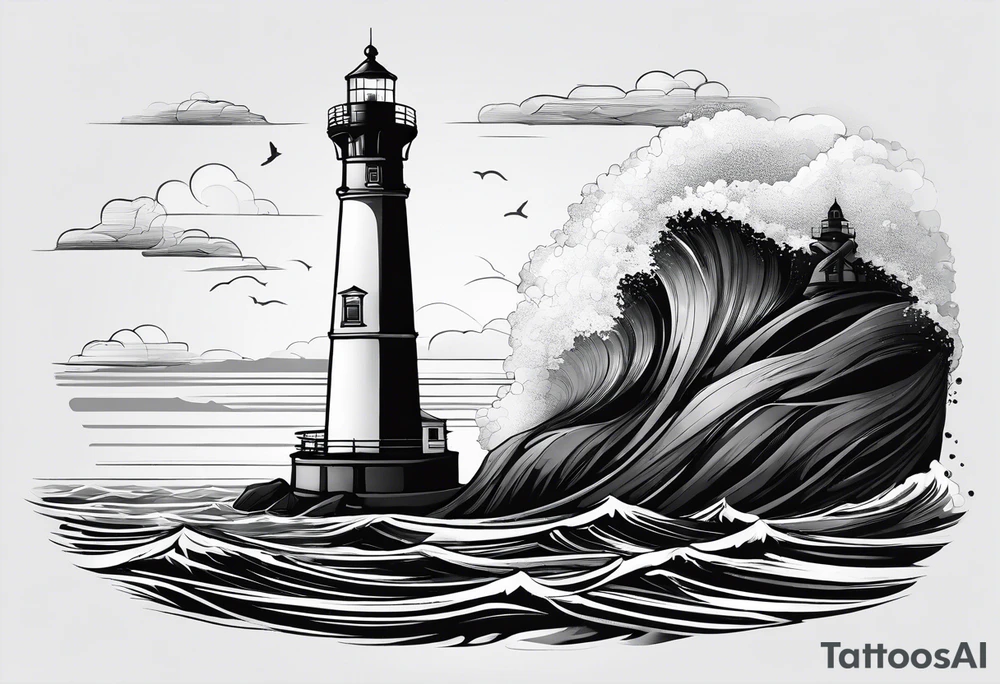 maritime lighthouse partially hidden by its large fixed sail. calm sea reflection. tattoo idea