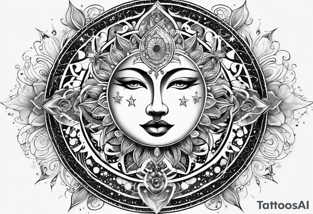 Sun and moon sternum swirls and dots and stars tattoo idea