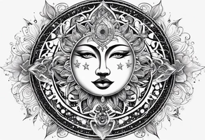 Sun and moon sternum swirls and dots and stars tattoo idea