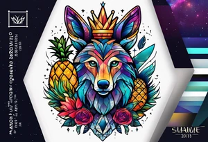 Stag and wolf in Amsterdam featuring colours of the universe and galaxies and amsterdam in the shape of a pineapple tattoo idea