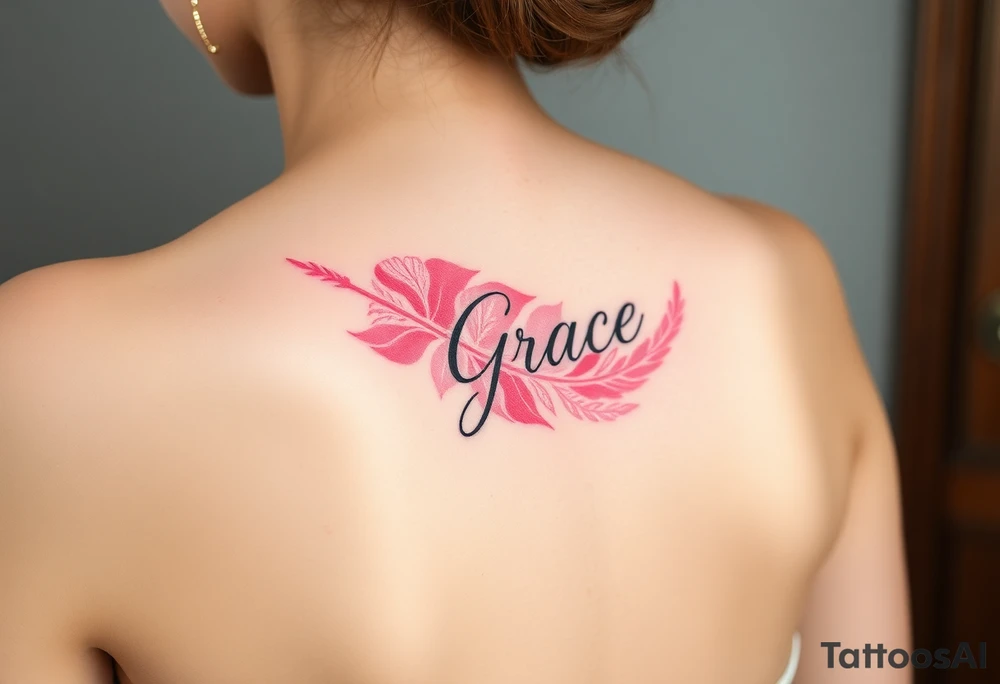 A soft pink and ivory feather with delicate lace details, featuring the word "Grace", evoking elegance and beauty in love tattoo idea