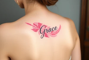 A soft pink and ivory feather with delicate lace details, featuring the word "Grace", evoking elegance and beauty in love tattoo idea