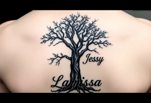 the name, Anne, Jessy
 on a live tree the name Larissa under the tree tattoo idea