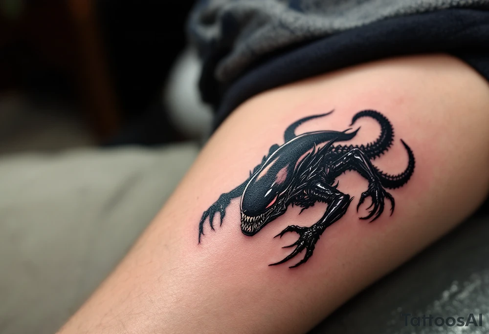 A realistic Xenomorph in mid-pounce, its glossy black body and sharp claws contrasted with subtle, deep purple highlights under the moonlight. tattoo idea