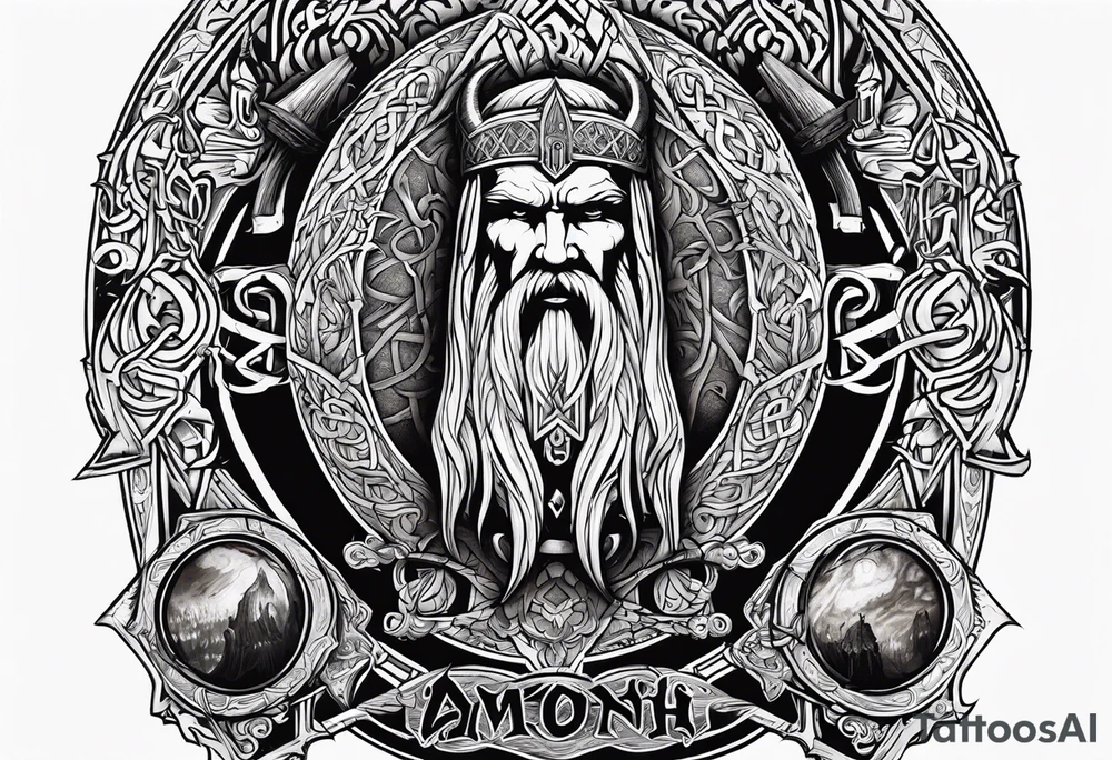 logo of the band Amon Amarth combined with rock features tattoo idea