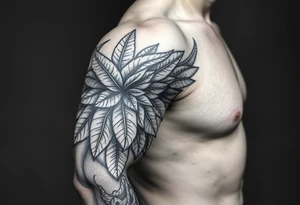 Forearm sleeve tattoo including details of a few jungle leafs,Bold and powerful Puerto Rican tribal theme, wing with 100 dollar patterns in it tattoo idea