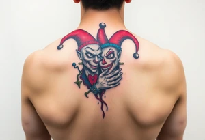 a toxic jester couple holding each other with cheeks being pulled to force smile tattoo idea