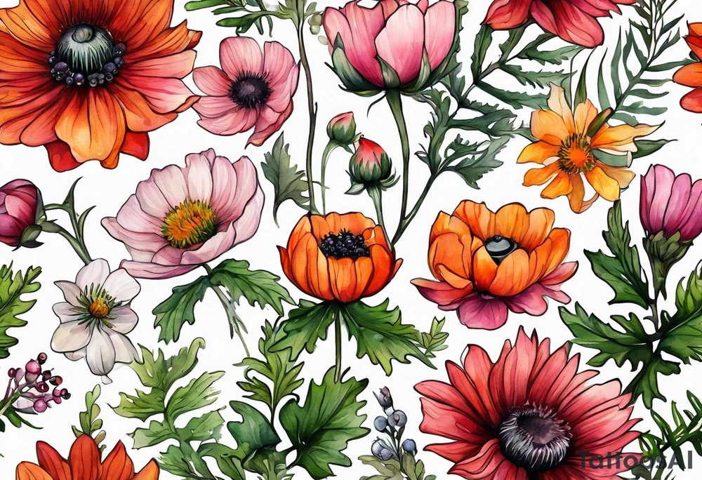 wildflowers with thistles, ferns, white anemones, sun flowers, orange flowers, green flowers, pink flowers, red flowers, berries and all in watercolor tattoo idea