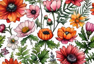 wildflowers with thistles, ferns, white anemones, sun flowers, orange flowers, green flowers, pink flowers, red flowers, berries and all in watercolor tattoo idea