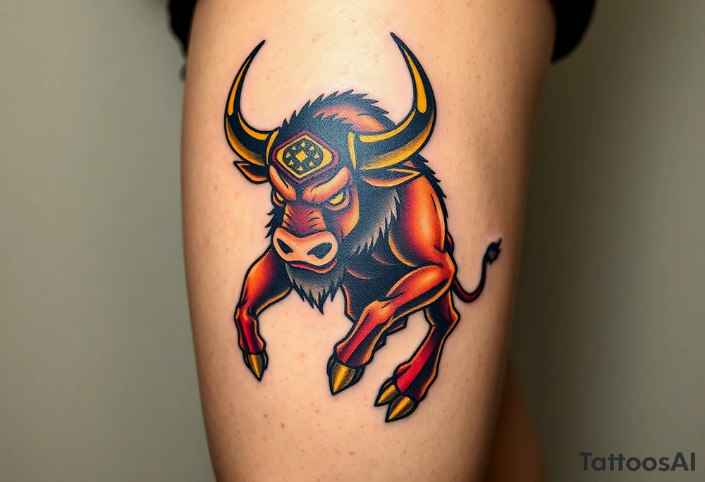 A mighty Minotaur, its massive frame glowing with a bronze sheen under flickering torchlight tattoo idea