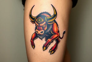 A mighty Minotaur, its massive frame glowing with a bronze sheen under flickering torchlight tattoo idea