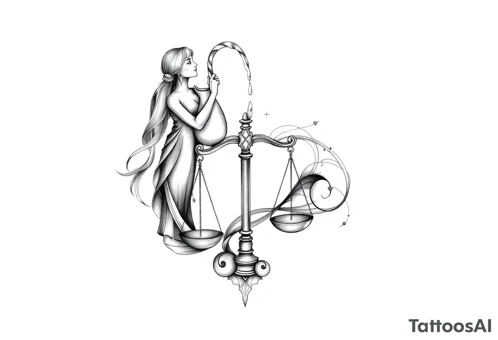 I want a tattoo that combines the Aquarius water bearer and the Libra scales. The water should flow elegantly from the jug, merging into or balancing the scales below. tattoo idea