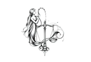 I want a tattoo that combines the Aquarius water bearer and the Libra scales. The water should flow elegantly from the jug, merging into or balancing the scales below. tattoo idea