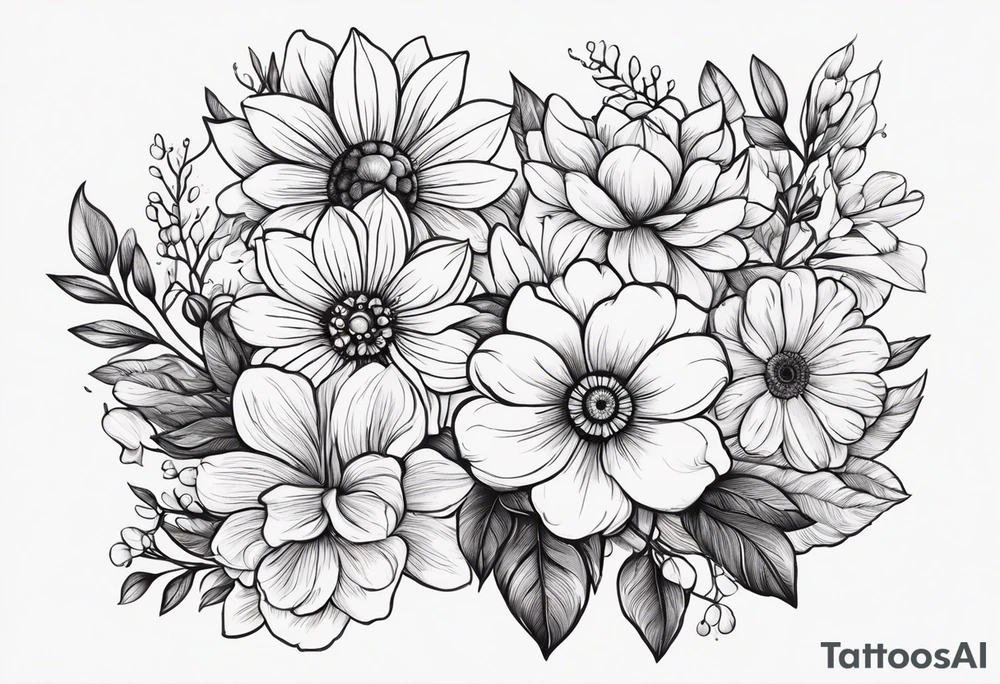 I want a flower bouquet on my upper arm with the April and September birth flower in it. I also want to incorporate flower drawings of my 3 kids. Maybe incorporate an owl tattoo idea