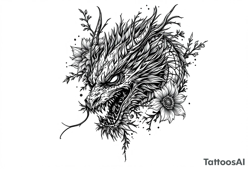 scary dragon face down with flowers tattoo idea
