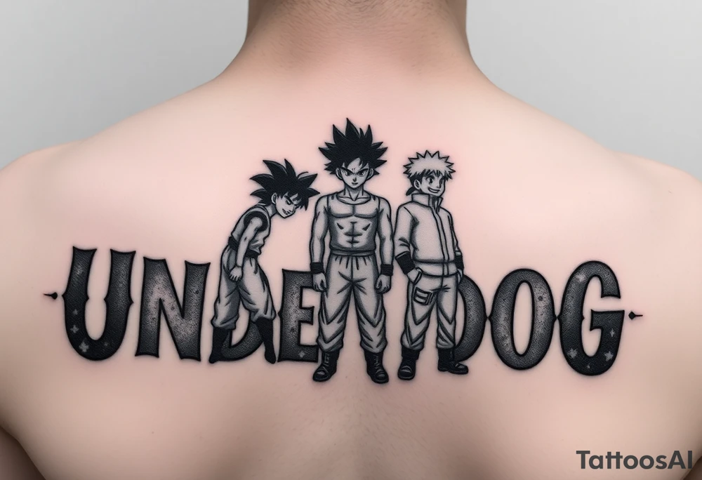 the word underdog in a with 3 anime characters Goku ippo and Naruto one standing in the middle one standing on the right and one standing on the left
 on a shoulder tattoo idea