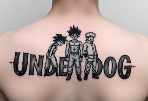 the word underdog in a with 3 anime characters Goku ippo and Naruto one standing in the middle one standing on the right and one standing on the left
 on a shoulder tattoo idea