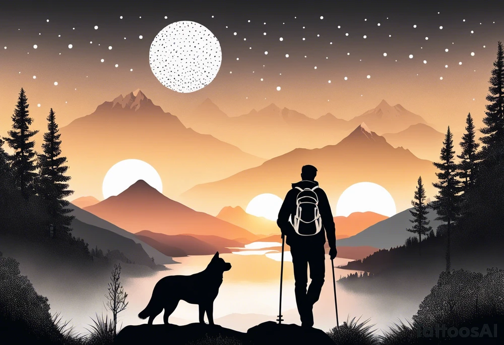 nature, sunset, mountains, a father and son hiking with their dog and cat and a cross tattoo idea