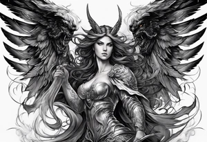 Create a dynamic tattoo of an angel and a demon engaged in a fierce battle, symbolizing the eternal struggle between good and evil within oneself. tattoo idea