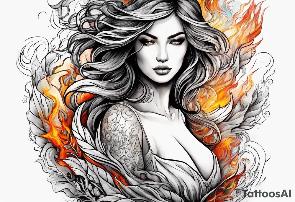 Resurrection strength and courage Beautiful Woman walking through fire and chaos to inner peace and self-love  ethereal tattoo idea