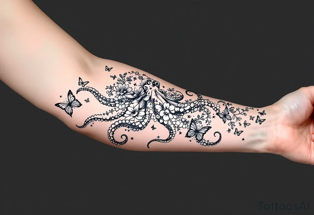 A fine-line tattoo design of a single octopus made entirely of flowers and butterflies. The octopus’s tentacles are shaped like flowing floral vines with leaves and petals, and its body is composed of overlapping blossoms and butterfly wings. The style is minimalist, elegant, and nature-inspired, with delicate black and grey lines, soft shading, and no outlines. No aquatic or marine elements besides the floral octopus. The design flows organically down the upper arm or shoulder, with a light, airy, and poetic feel. tattoo idea