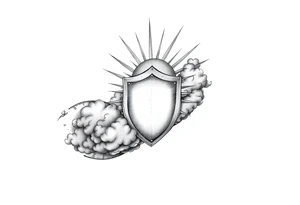 Half sleeve. sun rays, clouds, shield tattoo idea