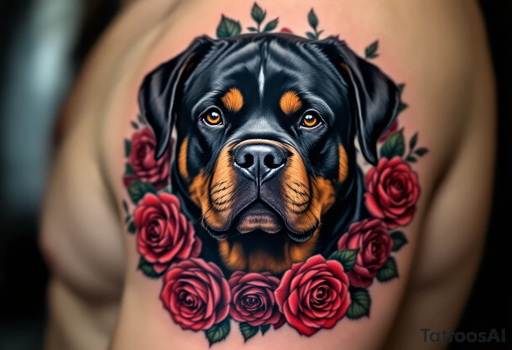 Rottweiler with Rose Wreath – A calm Rottweiler portrait surrounded by red and deep burgundy roses. Use full color with high contrast between the dark fur and bright petals. tattoo idea