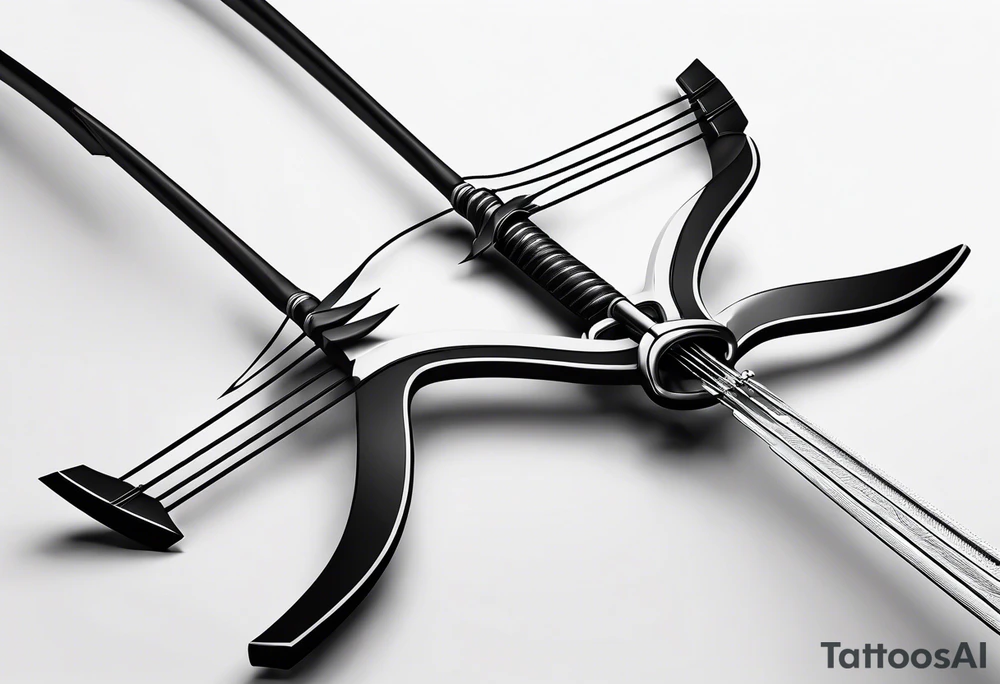 A loaded bow with 2 arrows. minimalist and clean, even abstract. tattoo idea