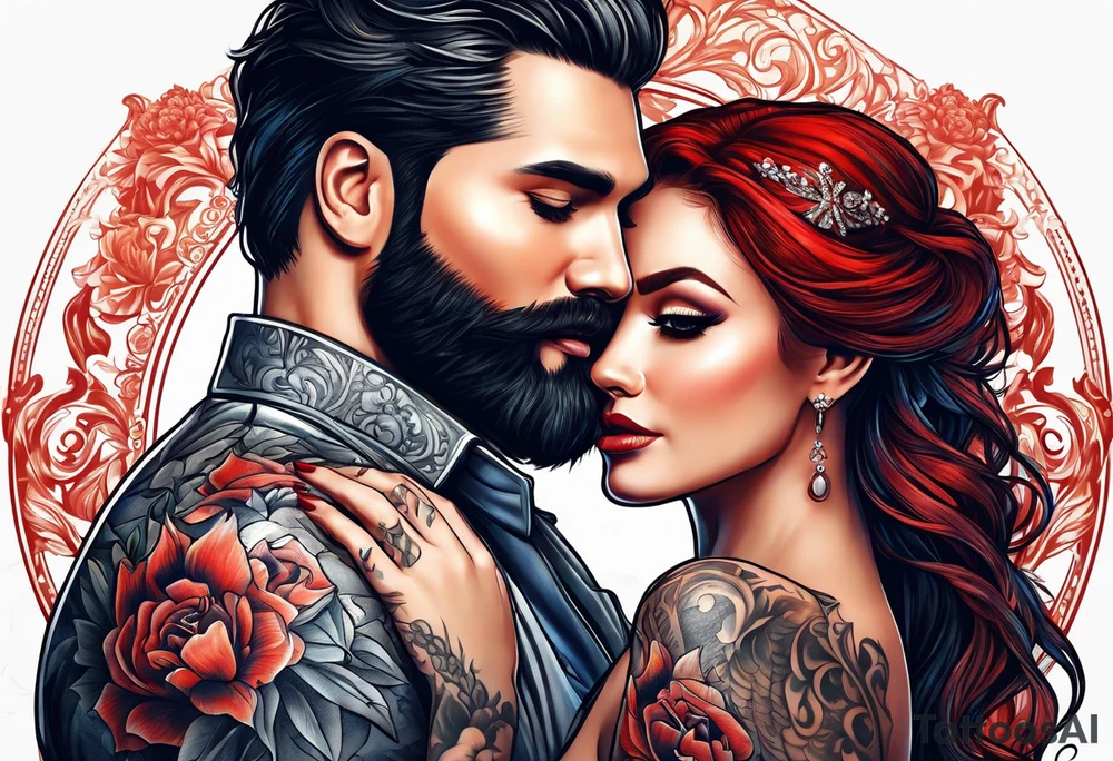 Busty red haired woman and a bearded man with black hair getting married tattoo idea