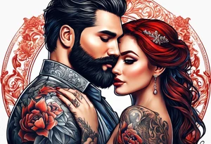 Busty red haired woman and a bearded man with black hair getting married tattoo idea