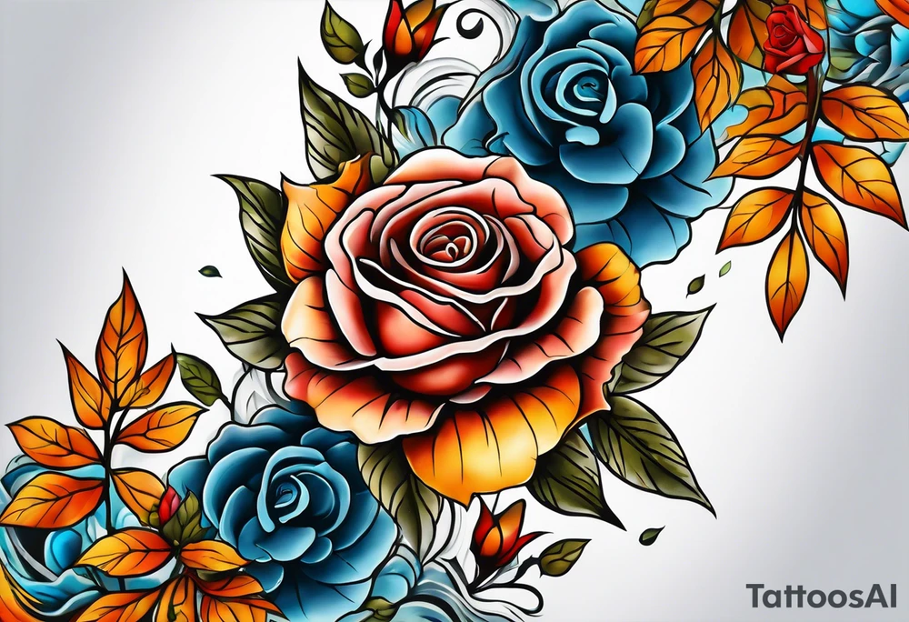 Front knee tattoo with fall colors, small flowers, rose, leaves, blue water flows with washes and background tattoo idea